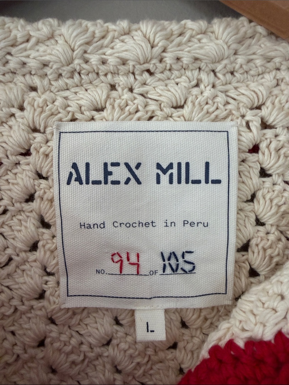 Alex Mill Molly Hand Crochet Knit Cardigan Cream  Red Large Cottagecore Coastal - Picture 2 of 10